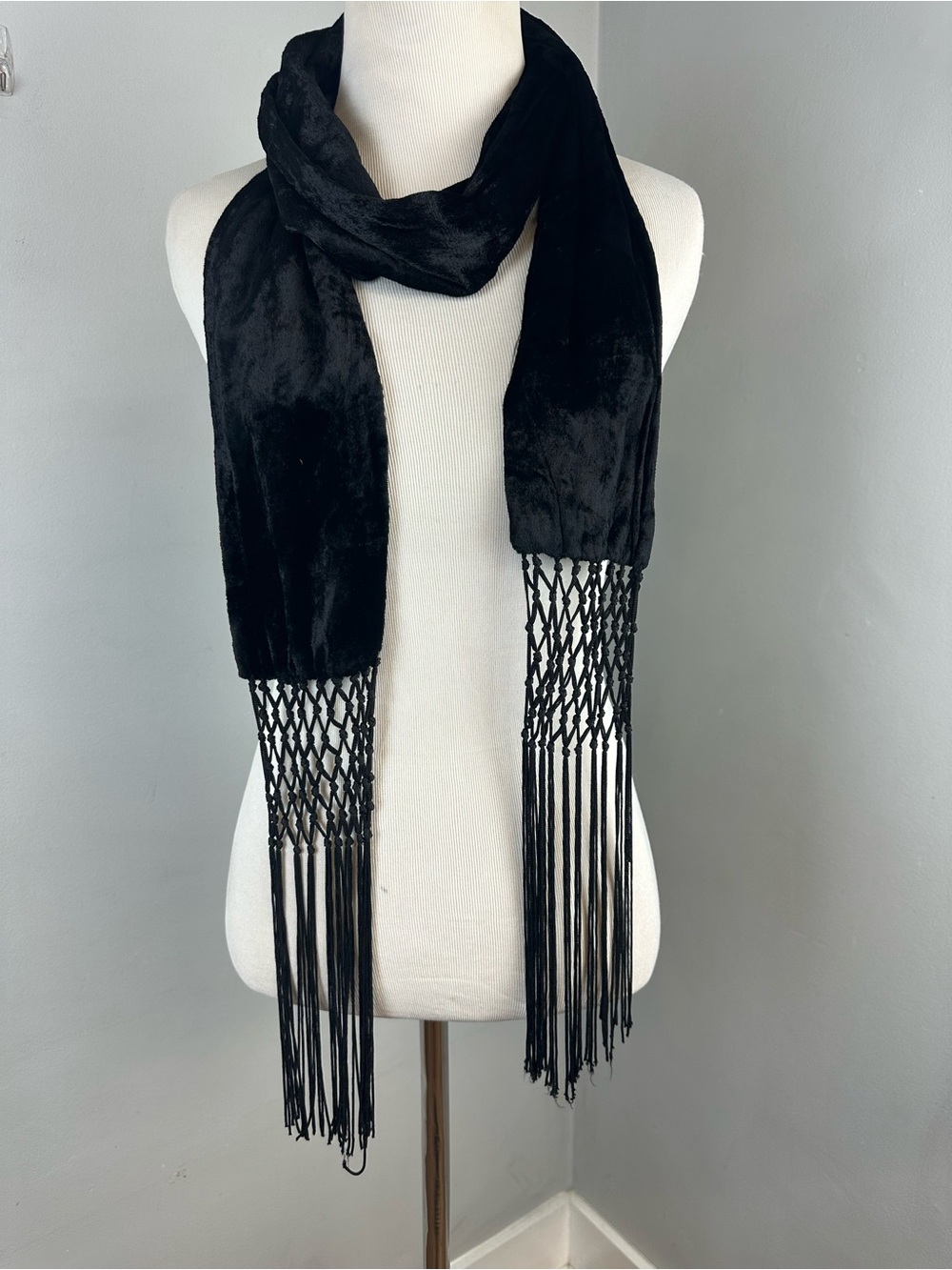 Black Velvet Scarf With Crocheted MacrameLong Tassel Fringe